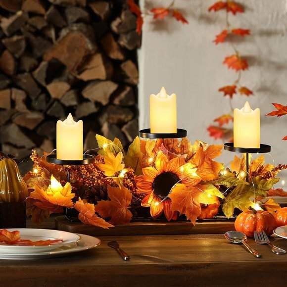 Harvest Centerpiece Thanksgiving Candle‎ Holders with 3 LED Candles and 1 String - Picture 6 of 7